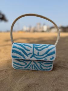 Beaded Clutch <b>Bag</b> with Geometric Pattern Blue and <b>White</b> Bohemian Style Single Strap Women's Beach Handbag - Product Image 1