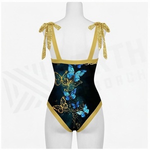 <b>Blue</b> Butterfly Print 2 Piece Yoga <b>Set</b> With Gold Trim Deep V Neck Halter Bodysuit And Knee Length Wrap Skirt - Product Image 4