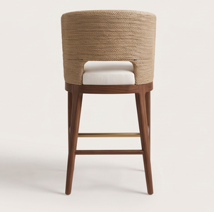Chaise de bar moderne en rotin rembourrée avec pieds en bois, style côtier, mobilier pour la maison - Product Image 3
