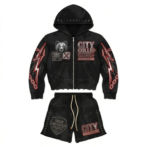 Custom Men's <b>Cropped</b> <b>Zip</b> <b>Up</b> Hoodie and Shorts Set Studded Patchwork Bear Lightning Graphic Heavyweight Urban Streetwear 2 Piece - Product Image 1