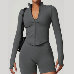 Conjunto Deportivo de Dos Piezas para Mujer, Color Gris, Top con Cremallera de Manga Larga, Leggings de Cintura Alta, Color Sólido, Tejido de Punto, Spandex, Poliéster, Ajuste Deportivo - Product Image 6