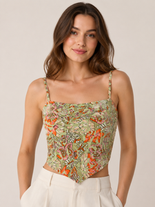 Premium Quality Green Floral Print <b>Top</b> Square Neck Sleeveless Adjustable Strap <b>Asymmetric</b> <b>Hem</b> Wholesale Ladies Summer Wear - Product Image 1