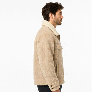 Custom <b>Mens</b> Beige Sherpa Trucker <b>Jacket</b> Turn-down Collar Double Chest Flap Pockets Full Zip Casual <b>Thick</b> Winter <b>Fleece</b> Outerwear - Product Image 6