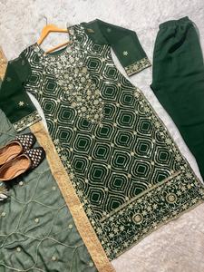 Secuencia de bordado de Georgette verde, trabajo indio Salwar Kameez con Dupatta para adultos, ropa de fiesta de tendencia - Product Image 4