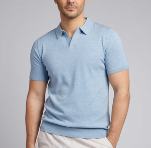 Polo homme en coton bleu clair uni à manches courtes, style décontracté, tissu respirant, coupe classique - Product Image 1