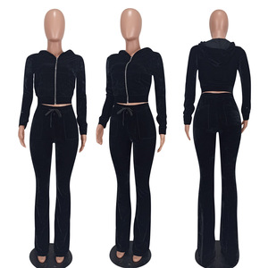 Ensemble de survêtement en velours uni pour femmes, avec capuche, fermeture éclair sur le devant, décontracté, pour l'automne, avec poches latérales - Product Image 2