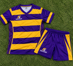 Conjunto Deportivo Salstar para Hombre, Camiseta con Cuello en V y Pantalones Cortos, Rayas Moradas y Amarillas, Uniforme de Rugby y Fútbol Transpirable, Tela Flexible, Personalizable - Product Image 6