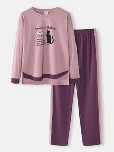 Conjunto de Pijamas de Algodón para Mujer, Cuello Redondo, Manga Larga, Cintura Elástica, Suave, Transpirable, de Alta Calidad, Colores Personalizados, en Oferta - Product Image 2