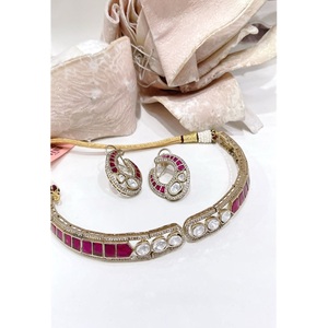 Royal Premium Quality Gold Plated Brass Moissanite Trendy <b>Statement</b> Fusion Choker <b>Necklace</b> Earrings Set Wedding Party Wear - Product Image 1