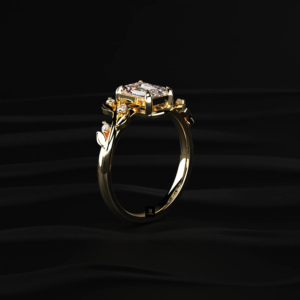 Bague en diamant taille émeraude avec motif feuille et accents latéraux, diamant de laboratoire, en or ou en argent, options jaune, blanc ou rose - Product Image 5