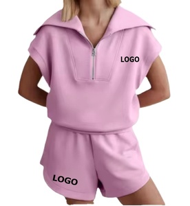 2025 conjunto corto de sudor sin mangas con media cremallera personalizado para mujer traje deportivo de ocio estampado para ropa ajustada - Product Image 1