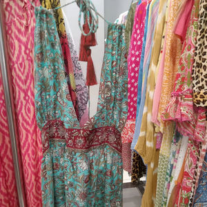 Robe longue d'été décontractée pour femme, style bohème, col halter, imprimé floral, en coton extensible, coupe ample, pour la plage - Product Image 1