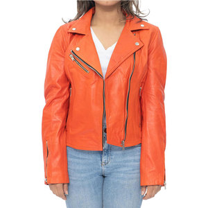 Chaqueta de Motociclista de Cuero Genuino Naranja para Mujer, Manga Larga, Cierre de Cremallera, Cuello Camisero, Estilo Otoñal - Product Image 4