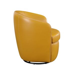 Fauteuil pivotant de luxe 1 pièce avec dossier tonneau en bois massif et revêtement en cuir pleine fleur jaune pour salon - Product Image 6