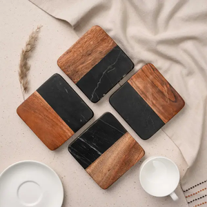 Reusable Handmade Wood and <b>Marble</b> Coaster Modern Rectangle Wood and <b>Marble</b> Coaster Set Non-Slip Mats for <b>Table</b> Decoration - Product Image 1