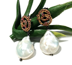 Baroque White Pearl Clip-on Earrings Ruby Silver Plated 925 Sterling Silver Handmade <b>Wedding</b> Women Jewelry Gift - Product Image 3