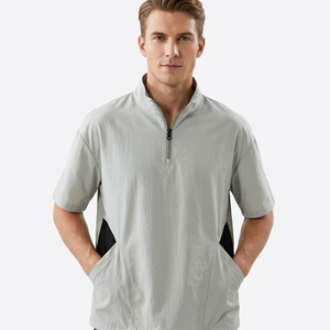 T-shirt décontracté pour homme à manches courtes, col demi-zip, séchage rapide, gris, color block, anti-boulochage, respirant, coupe ample - Product Image 6
