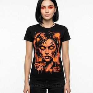 Camiseta de Algodón para Mujer con Diseño de Chica Zombie Graffiti Naranja Neón, Estilo Urbano, Arte de Terror, Fabricante de Camisetas con Gráficos Personalizados - Product Image 1