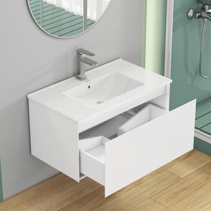 Mobile Bagno Sospeso da 32 Pollici con 1 Ampio Cassetto, Sistema Soft-Close, Lavabo in Ceramica, Design Senza Maniglie, Finitura in Legno Massello Verniciato - Product Image 5