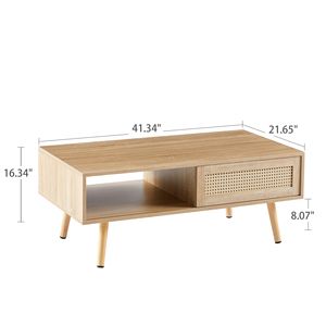 Tavolino da Salotto Moderno 105 cm con Porta Scorrevole e Vano Portaoggetti, Gambe in Legno Massello, Rattan Naturale - Tavolino da Caffè - Product Image 3