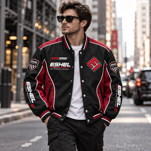 Blouson Bomber Coupe-Vent Homme Col Montant Fermeture Éclair Sportif Imprimé Lettres Badge Noir Rouge Prix de Gros OEM Pas Cher Personnalisé - Product Image 3
