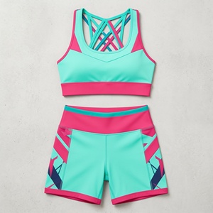 Conjunto Deportivo de 2 Piezas para Mujer, Top Deportivo Cruzado con Espalda Descubierta y Pantalones Cortos de Cintura Alta, Estampado Geométrico, Transpirable, Ropa Deportiva, Conjunto de Yoga - Product Image 1
