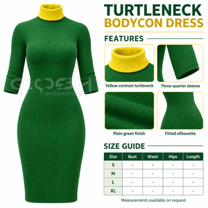 Cosh International Sorority Sisterhood Green Knitted Turtleneck Bodycon Dress With Yellow Contrast Neck <b>Three</b> Quarter Sleeve - Product Image 6