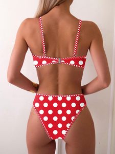 Women's <b>Red</b> Polka Dot Two Piece <b>Bikini</b> <b>Set</b> Printed Summer Crossed Halter Top Hipster Bottom Contrast Binding Stretch Swimwear - Product Image 3