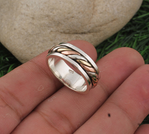 925 <b>Sterling</b> <b>Silver</b> Classic Wedding Band <b>Ring</b> Handmade Two Tone <b>Spinner</b> Copper for Men Women Rustic Textured Jewelry Wholesale - Product Image 1