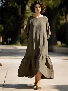 Women Black Cotton Maxi <b>Dress</b> O Neck <b>Long</b> Sleeve Loose Fit <b>Boho</b> Casual Flowy Summer <b>Dress</b> - Product Image 5