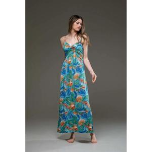 เดรสยาวพิมพ์ลายทรอปิคอลสีน้ำเงินสำหรับผู้หญิง คอวี แขนบาน เอวธรรมชาติ ผ้าฝ้าย 100% เป็นมิตรกับสิ่งแวดล้อม เหมาะสำหรับใส่ไปทะเลช่วงฤดูร้อน ดีไซน์เก๋ไก๋ - Product Image 3
