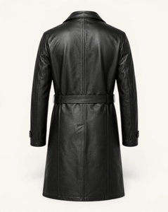 <b>Men</b> Genuine Leather <b>Long</b> Trench <b>Coat</b> Double Breasted Notched Lapel Overcoat With Belt Regular Fit - Product Image 4