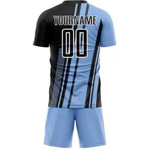 Conjunto de Uniforme Deportivo Personalizado Sublimado para Fútbol, Azul Claro con Rayas Negras, Absorbente de Humedad, Manga Corta, Cuello Redondo, para Hombre - Product Image 2