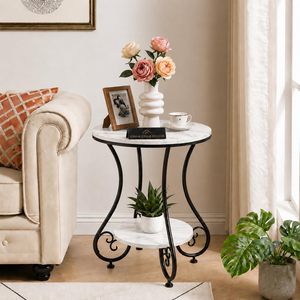 Table basse moderne et durable avec plateau en marbre et structure métallique, gain de place, étagère de rangement, diamètre 16, hauteur 20, pour salon - Product Image 4