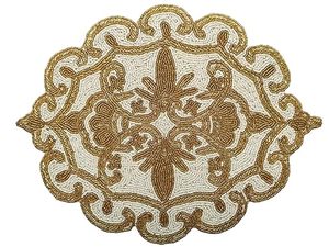 Embroidered Linen Table Mat Floral Pattern Modern Home Decor Washable <b>Gold</b> Design - Product Image 1