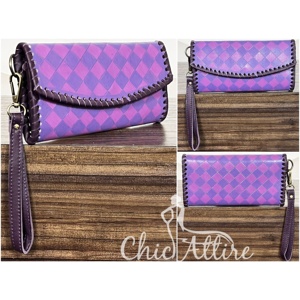 Factory Wholesale Women's Hand Tooled Cowhide Leather Fashion Clutch Trendy Diamond Checkered Leather Wallet Purse With <b>Wristlet</b> - Product Image 1