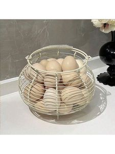 White Metal <b>Wire</b> <b>Storage</b> <b>Basket</b> With Handles Circle Shape Simple Design Multi-Purpose Neatening Bowl 8 In Diameter - Product Image 1
