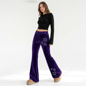 Y2K Purple <b>Velvet</b> Flare Pants Women Rhinestone Star Drawstring Low Waist Loose <b>Trousers</b> - Product Image 2
