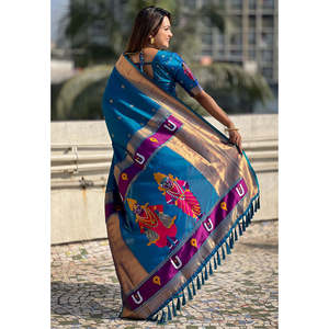 Sari en soie Paithani traditionnel tissé Rama Blue Zari Elite Weaves, motif Vitthala God, vêtement indien et pakistanais spécial, 650g - Product Image 2