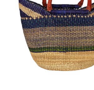 Bolso de mano de paja tejida con rayas azules y asa de cuero, estilo tote, para mujer, moda de verano, para playa, OEM ODM - Product Image 3