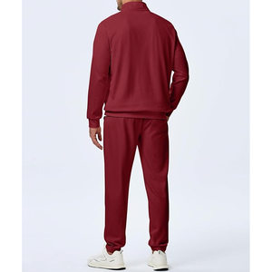 Men's Solid Red Cotton Tracksuit Quarter-Zip Sweater Pants <b>Set</b> Casual Autumn Wear - Product Image 3