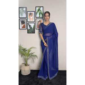 CRÉATEUR GEORGETTE SWAROVSKI TRAVAIL PRÊT À PORTER SAREE AVEC BLOUSE INCOSÉE BLEU - Product Image 1