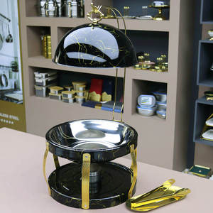 ถาดอุ่นอาหารแบบพรีเมียมเคลือบลายหินอ่อน พร้อมตกแต่งด้วยสีทอง ทรงกลม หรูหรา สำหรับบุฟเฟ่ต์ พร้อมฝาปิดแบบเสาและตะขอเกี่ยวอย่างสวยงาม - Product Image 4