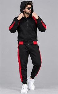 Men's Black Red Solid Hooded Tracksuit <b>Full</b> <b>Zip</b> <b>Sweatshirt</b> Joggers Set Streetwear Winter Wear Regular Fit 100% Cotton Fleece - Product Image 2
