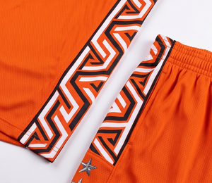 Custom Sublimation Basketball Uniform Set Men Orange Geometric Pattern Quick Dry Tank Top Shorts Sporty Style O-Neck - Product Image 4