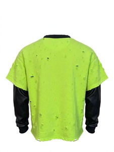 Custom Distressed Lime Green Rhinestone Cross Oversized Graphic Tee Two Piece Long Leather Sleeves Vintage Washed Y2K Heavy - Product Image 4