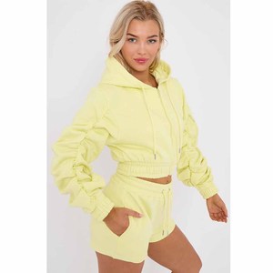 Ensemble 2 pièces en polaire pour femme, haut court à capuche et short, couleur unie, vêtements de sport décontractés, coupe ample, manches longues, printemps-été - Product Image 4