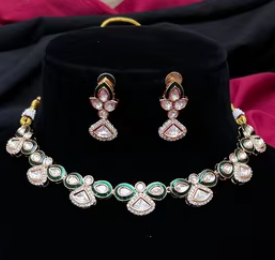 Beautiful Premium Diamond Kundan <b>Choker</b> Set With Small Studs With High Quality Stones In <b>Silver</b> Polish Party Wear for Women - Product Image 2
