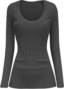 Suéter Gris con Cuello Redondo y Tejido Acanalado para Mujer, Top de Punto Elástico de Manga Larga - Product Image 2