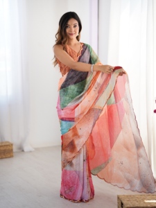 Elegant Digital Printed Chinon Saree With <b>Mirror</b> Work For Women Wedding Wear India Pakistan Style <b>Floor</b> Length Regular Fit - Product Image 5